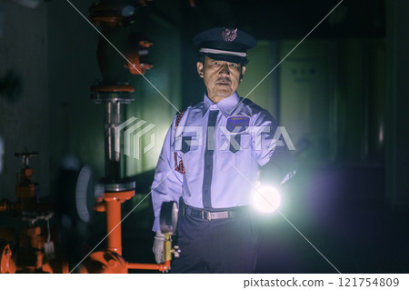 夜間拿著手電筒守衛大樓的男性保全攝影提供：東京電子學院登波學園教育法人。 121754809