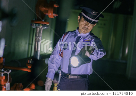 夜間拿著手電筒守衛大樓的男性保全攝影提供：東京電子學院登波學園教育法人。 121754810