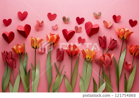 Red tulip flowers with paper hearts on a pink background. 121754868