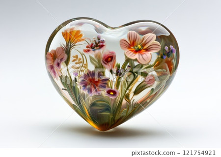 Heart-shaped glass paperweight with embedded flowers and leaves. Heart-shaped glass paperweight with embedded flowers and leaves. 121754921