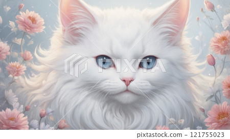 A fluffy white cat and pretty flowers 121755023