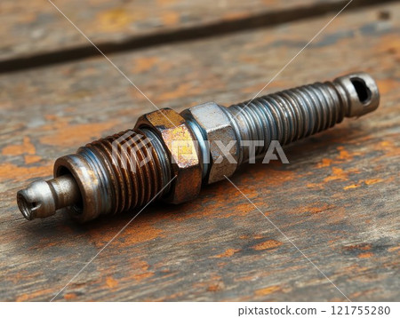 Spark plug, macro shot, electrodes, ceramic insulator, engine parts, metallic details 121755280