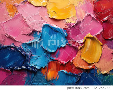 Vibrant colorful abstract texture art with bold brush strokes creating dynamic color splash and artistic expression 121755288