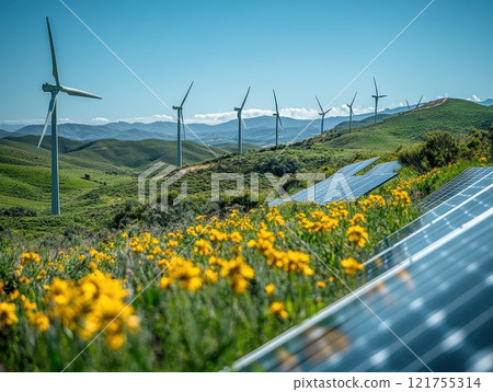 Wind turbines and solar panels landscape, hills, green nature, sunlight sustainability 121755314
