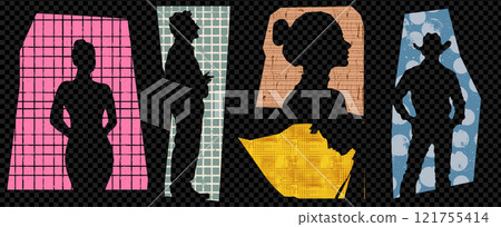 Silhouette collage of cowboy man and woman. Abstract texture with diverse people pattern. Colorful background featuring textured paper elements, creative design at the transparent bg as a png 121755414