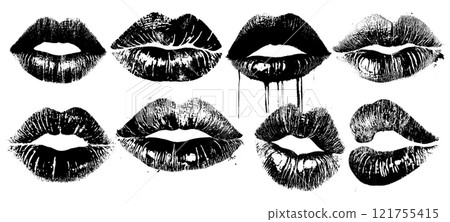 Vector set of black lipstick kiss marks. Grunge silhouette of seductive female lips. Isolated graphic art on white background for makeup, beauty or erotic design 121755415