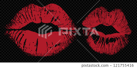 Vector illustration of lipstick kiss mark set. Sexy red lip shapes in silhouette, isolated on white. Romantic cosmetic imprint collection symbolizing love, passion, and beauty 121755416