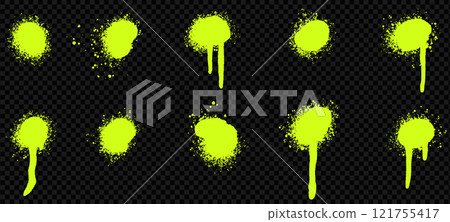 Vector set of acid spray paint splatter and drip effects. Green splashes, ink spots, and grunge stains create a dynamic urban background 121755417