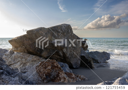 Early sunset on the beach, Villafranca, Sicily, Italy 121755459