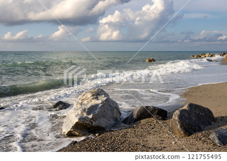 Early sunset on the beach, Villafranca, Sicily, Italy 121755495