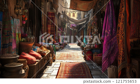 A shop draped with colorful fabrics 121755653