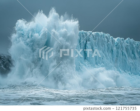 Huge iceberg floating, glacier calving into the sea 121755735