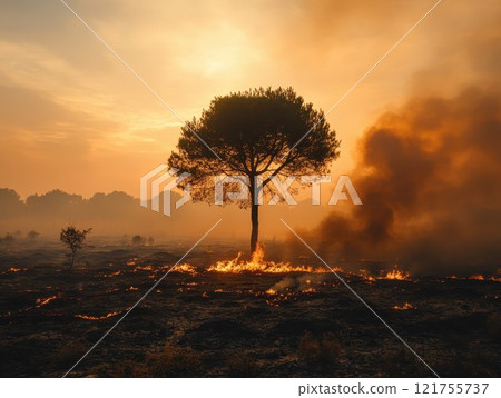A lonely burning tree, a territory engulfed in flames, scorched land, smoke rising in distance A lonely burning tree, a territory engulfed in flames, scorched land, smoke rising in distance 121755737