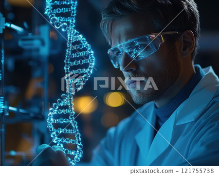 A scientist in a futuristic lab holding a glowing DNA model, analyzing glowing DNA strand in laboratory 121755738