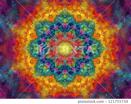 Colorful flower leaf mandala pattern, kaleidoscope, vibrant colours, autumn foliage design Colorful flower leaf mandala pattern, kaleidoscope, vibrant colours, autumn foliage design 121755739