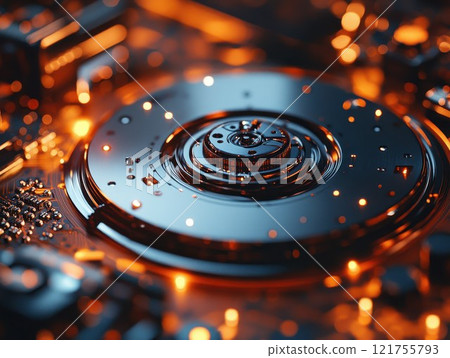 Futuristic tech disc with metallic details and glowing elements 121755793