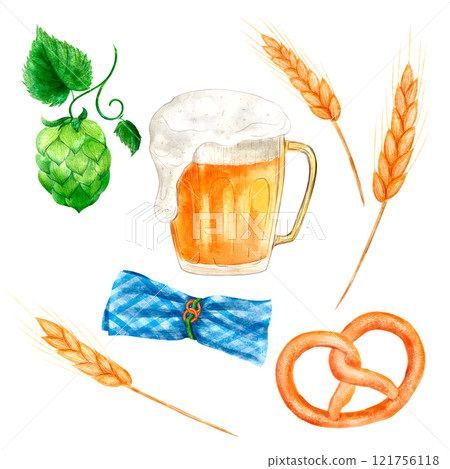 Set of elements: beer, hops, malt, pretzel, napkin, digital watercolor illustration. 121756118