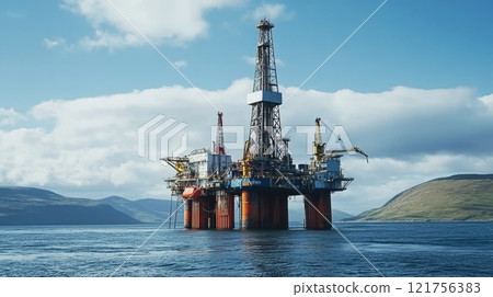 Offshore oil rig extracts fossil fuels in the open ocean. 121756383