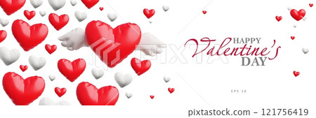 3D Valentine's Day horizontal banner with inflatable white and red hearts shapes. 3D Valentine's Day horizontal banner with inflatable white and red hearts shapes. 121756419