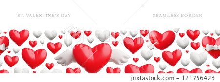 Realistic red and white hearts with wings, arrow and bow from inflated balloon, vector seamless border, Valentine's Day 121756423