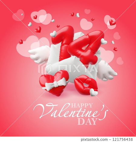 3d illustration of a poster with a white envelope with wings and the number 14, lips and hearts. 3d illustration of a poster with a white envelope with wings and the number 14, lips and hearts. 121756438