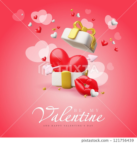 Happy Valentine's Day poster vector design, red lips, red and white hearts with arrow from inflated balloon in gift box 121756439