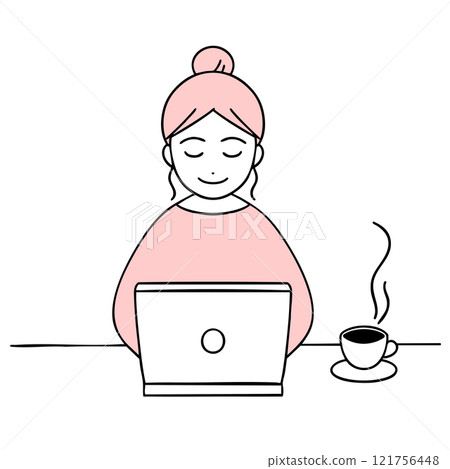 一位女士低頭喝咖啡,平靜地操作電腦 一位女士低頭喝咖啡,平靜地操作電腦 121756448