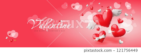 3d illustration of banner with hearts, inflatable and bokeh on red background, Valentine's Day. 121756449