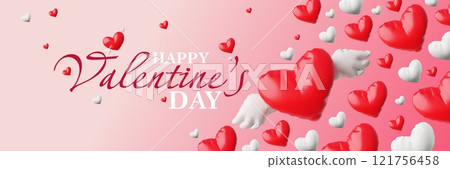 Happy Valentine's Day 3d festive banner vector design, red and white hearts with wings from inflated balloon love symbol 121756458