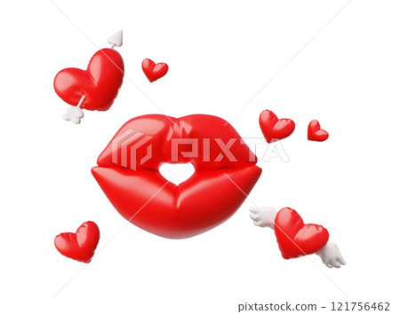 3D icons in the form of balloons in shape of hearts with wings ,arrows, lips 121756462