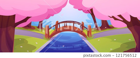 Vector illustration of a park with blooming sakura, road, river and bridge. Vector illustration of a park with blooming sakura, road, river and bridge. 121756512
