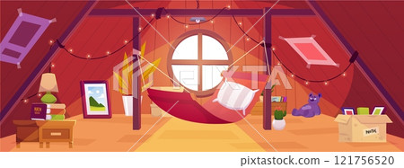 Cozy wooden attic with hammock, garland and window in roof, vector cartoon interior of mansard garret lounge Cozy wooden attic with hammock, garland and window in roof, vector cartoon interior of mansard garret lounge 121756520