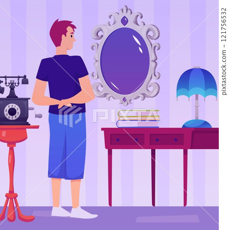 Retro shop vector with customer examining vintage goods. 121756532