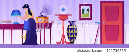 Vector illustration of a character looking at retro goods in an antique shop. 121756535
