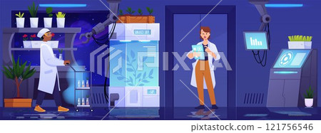 Scientific Biology laboratory interior with plants and scientists, vector flat laboratory assistant conducts experiment 121756546