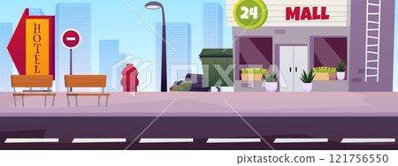 Vector illustration of a city street with a road, shopping mall, garbage bins, bench and signs. Vector illustration of a city street with a road, shopping mall, garbage bins, bench and signs. 121756550