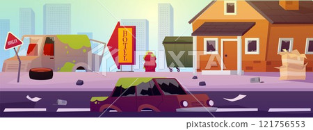 Vector images of abandoned city with destroyed buildings, garbage, cars covered with green radioactive waste. 121756553