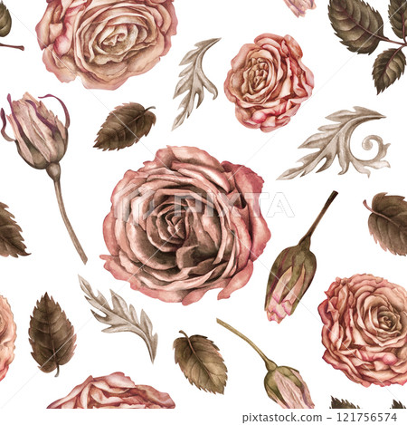 Seamless pattern with pink roses. Floral background in mocha mousse color. Botanical vintage template for wedding, Valentine's Day, textile, bed linen, tablecloth, wrapping paper, gift, tableware 121756574