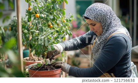 a woman wearing a patterned hijab and gloves, tending to a potted plant with small orange fruits in a garden 121756638