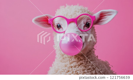 a fluffy lamb wearing bright pink glasses and blowing a pink bubble gum, pink background a fluffy lamb wearing bright pink glasses and blowing a pink bubble gum, pink background 121756639