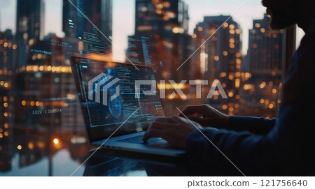 a person using a laptop in a modern cityscape at night, with overlaying digital graphs and data 121756640
