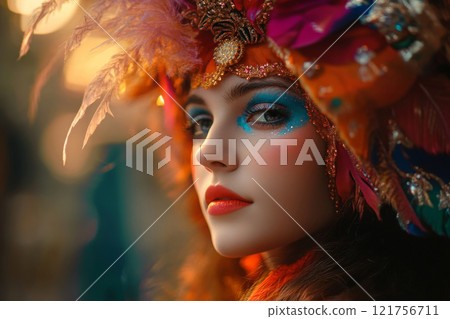Female with colorful feathered headpiece and glitter makeup. Mardi Gras 121756711