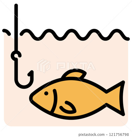 Fishing line icon. Fish and hook in the water outline vector sign. Linear style pictogram. Symbol, logo illustration. Editable stroke. Fishing line icon. Fish and hook in the water outline vector sign. Linear style pictogram. Symbol, logo illustration. Editable stroke. 121756798