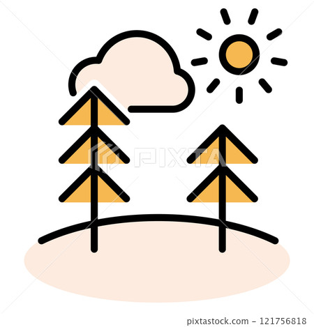 Landscape line icon with pine trees sun and cloud. Outline vector sign, linear style pictogram. Nature symbol, logo illustration. Editable stroke. 121756818