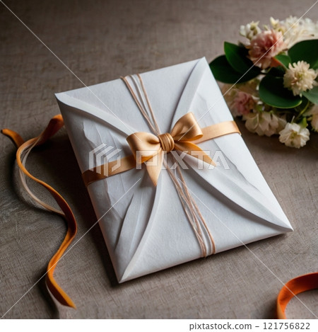 Elegant gift wrapped in white paper with a golden bow on a table.  121756822