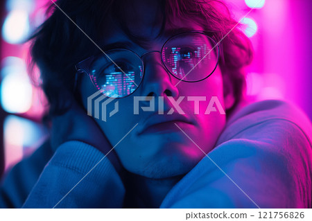 A thoughtful individual in neon lighting, reflected code on glasses, immersed in futuristic and digital ambiance. 121756826