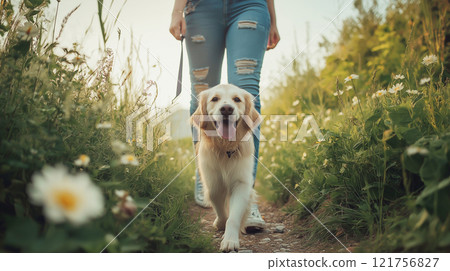 Golden retriever joyfully walking along a nature trail surrounded by wildflowers, enjoying the fresh outdoor air. 121756827