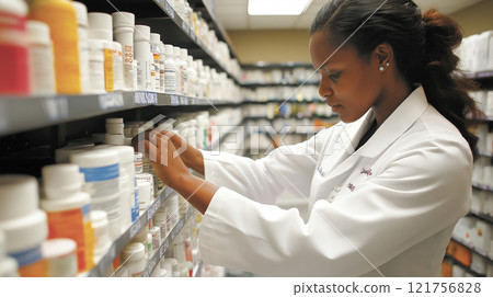 Pharmacist organizing medication bottles on a shelf in a well-stocked pharmacy, ensuring precise inventory management. 121756828