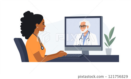 Illustration of a virtual consultation with a female healthcare professional speaking to a doctor on a computer screen. 121756829