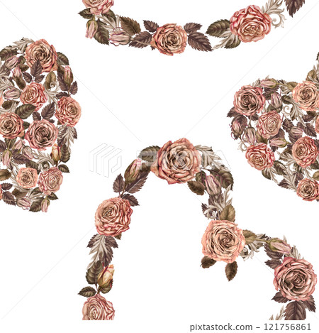 Wreaths and hearts of pink roses on a seamless pattern. Floral background in mocha mousse color. Botanical watercolor vintage template for wedding, Valentine's Day, textile, wrapping, wallpaper, gift 121756861
